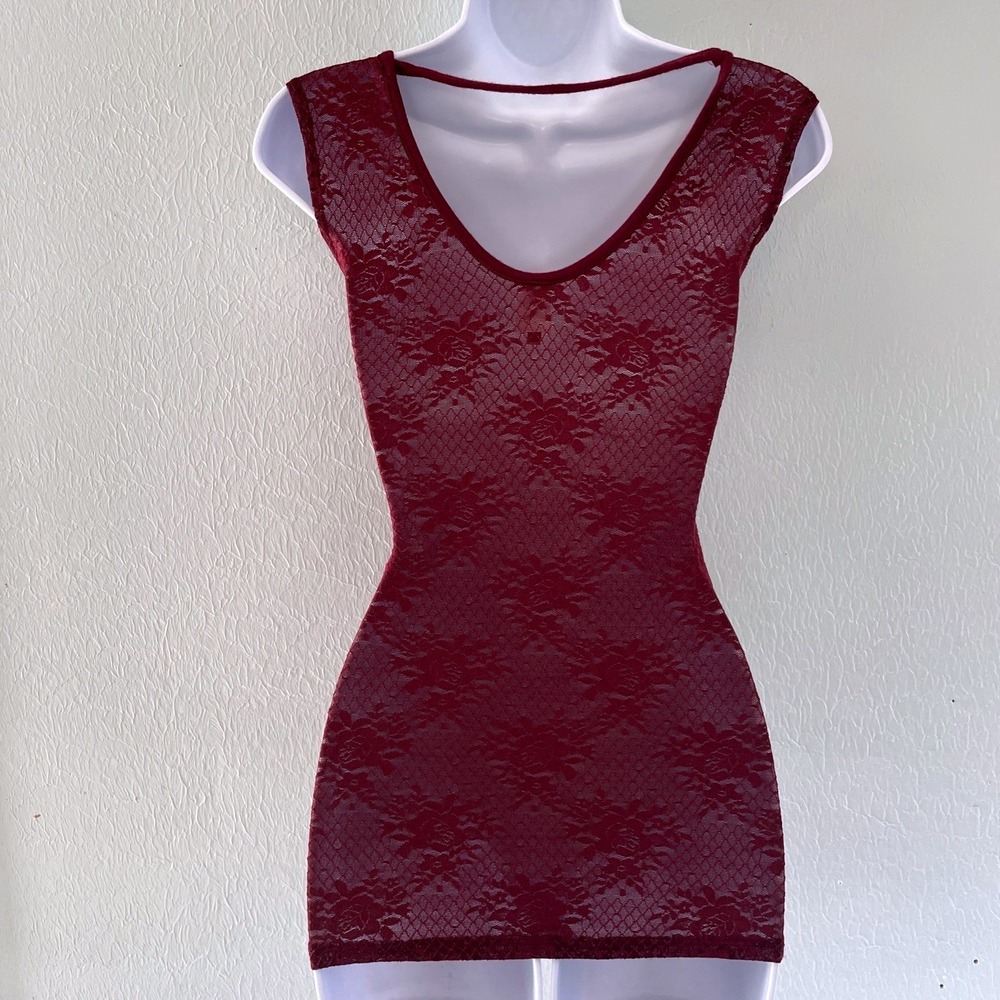 Vintage Y2K Mesh Lace Floral Burgandy Red Fitted Top Long Sheer Vamp Goth Small - Picture 2 of 9
